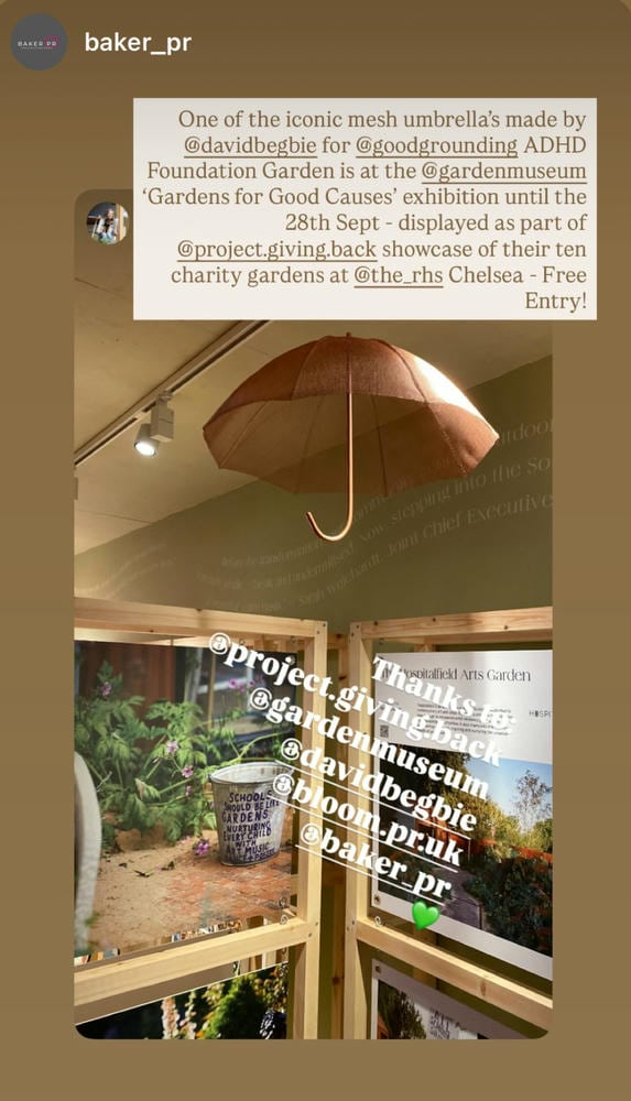 The iconic mesh umbrella made by David Begbie at the Gardens for Good Causes exhibition at the Garden Museum London.