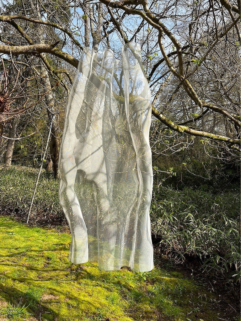 Abstract mesh sculpture seen at a sculpture garden in spring 2023. A white mesh vail suspended from a tree branch.