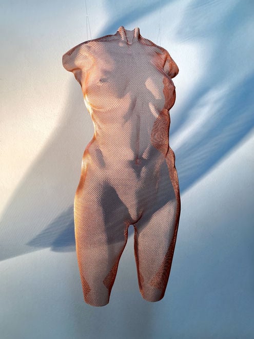 A female torso is suspended and lit with a sportlight - a contemporary artwork by David Begbie