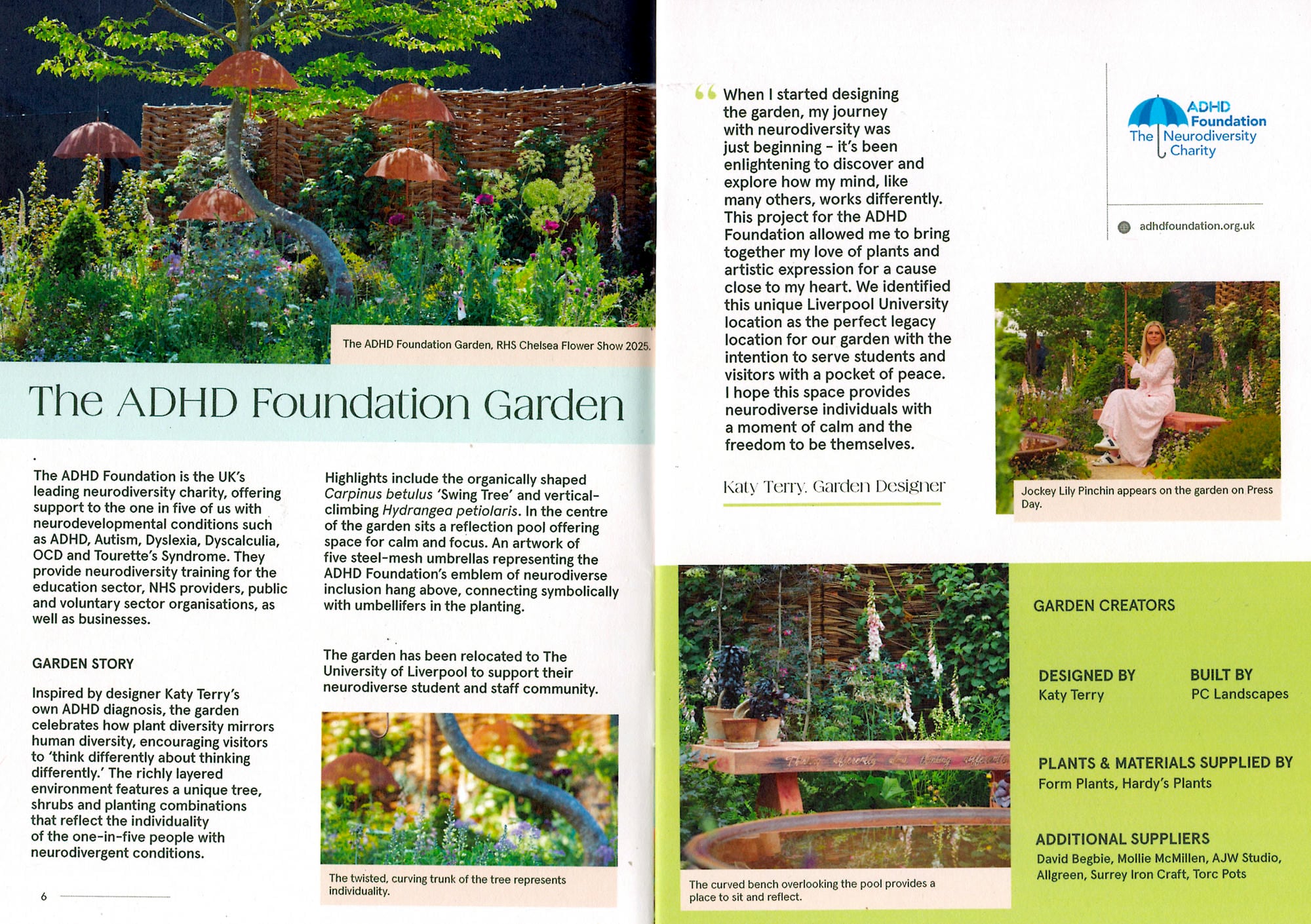 The ADHD Foundation Garden is presented by the Garden Museum Catalogue 2025 with text and images about Katy Terry and sculpture by David Begbie.