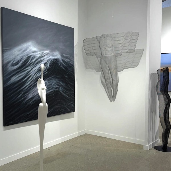 Two figurative meshs culpture by artist David Begbie seen at Art Fair Miami 2025