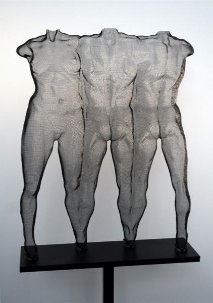 Three figure composition of nude bodies as a compelling wire sculpture by artist David Begbie