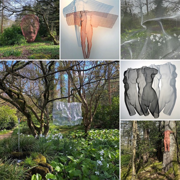 Six garden photographs showing contemporary sculpture in Surrey