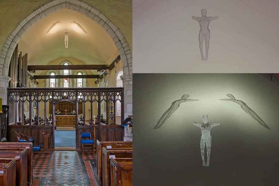 Suspended sculpture of the Risen Christ with triple shadow projection in Chilbolton, UK