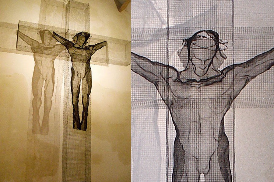 Two views of a large crucifix sculpture in chapel Walsingham by sculptor David Begbie