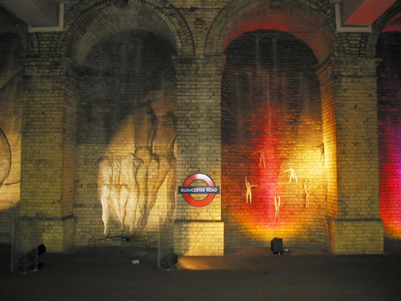 Large steel sculptures by artist David Begbie at a tube station in London