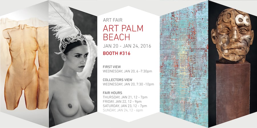 Invitation with sculpture and photography examples for Art Palm Beach 2016