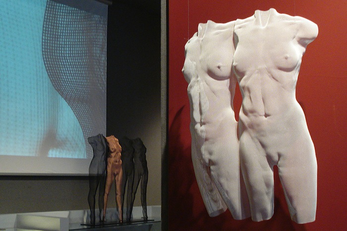 two nude torso sculpture in wiremesh by artist David Begbie