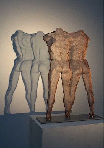 Wire-mesh artwork of two nude male backs