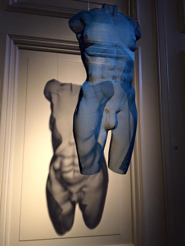 Bronze-mesh-sculpture of a male nude, blue colour finish, suspended, by David Begbie
