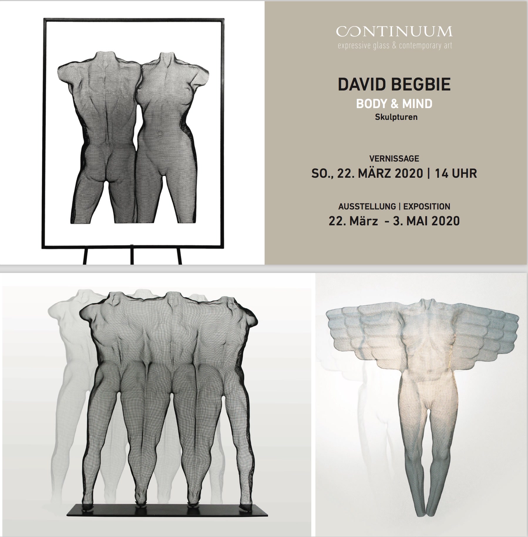 Einladung zur Kunstausstellung Draht Skulpturen von David Begbie