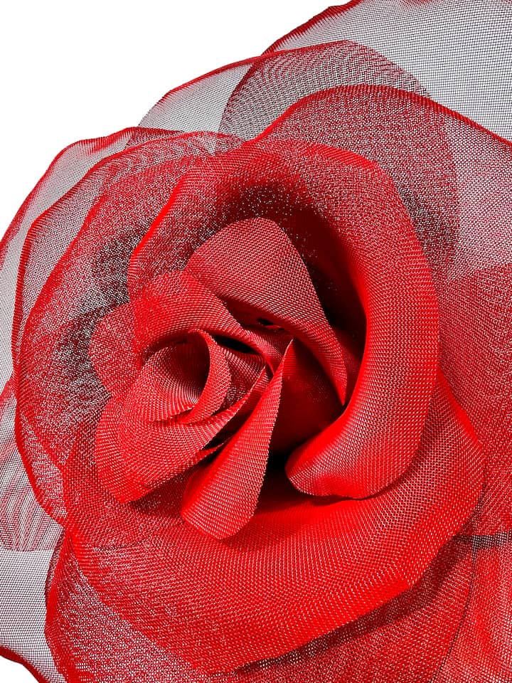 A sculpture of a red rose made from wired mesh