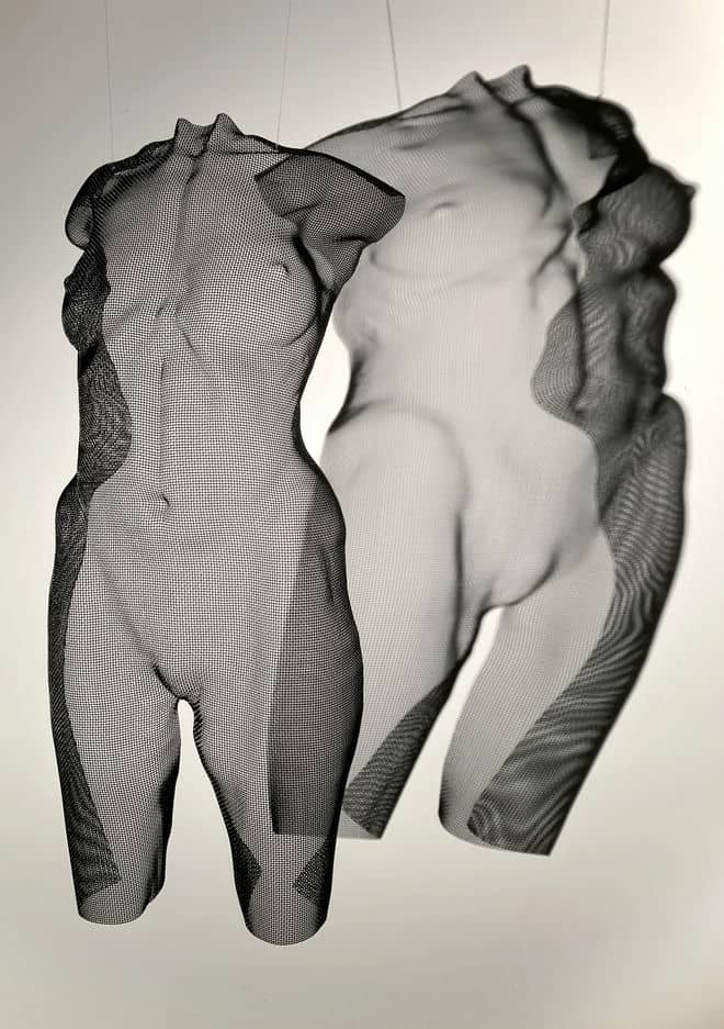 A wire-sculpture of a female torso by artist David Begbie