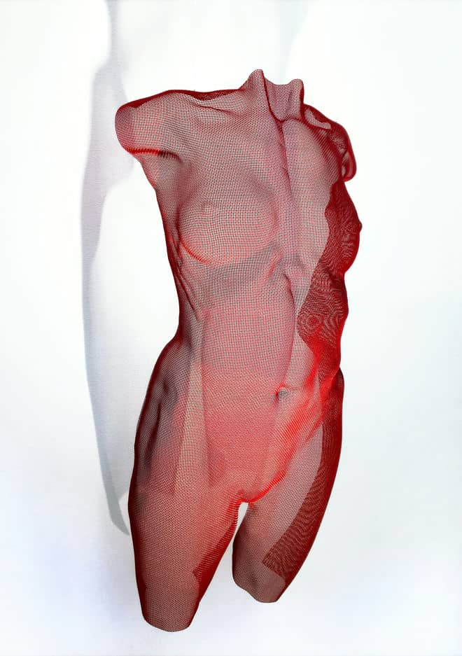 A red torso made from wired mesh