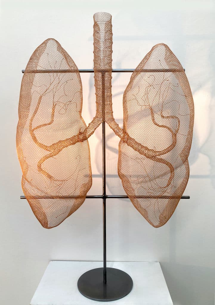 The human lung organ as a unique artwork. Bronze-Mesh sculpture, mounted.