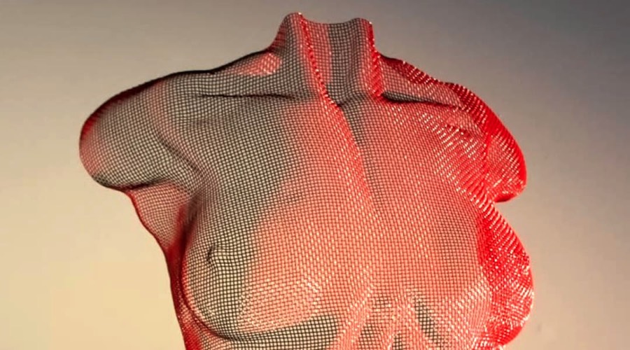 Red torso sculpture made from wire fabric as a video preview