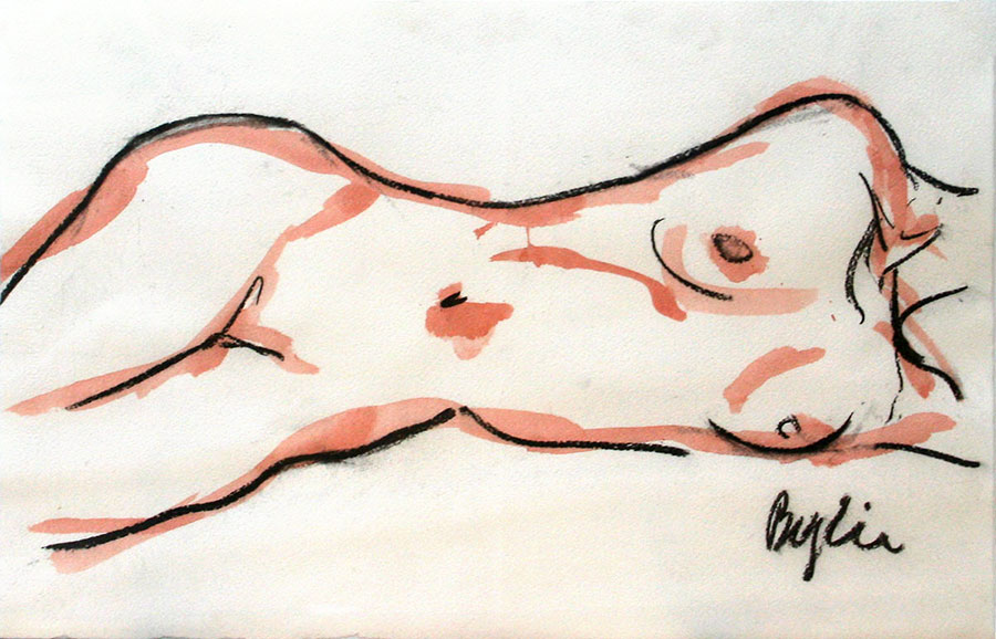 Fine line drawing in black and pastel colour of a reclining woman