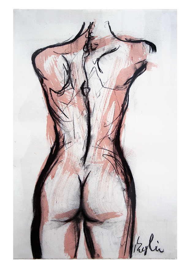 Rose and black charcoal painting of a female back with signature